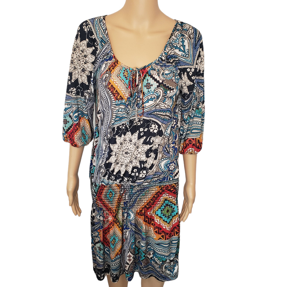 Veronicam Boho Aztec Midi Dress 3/4 Sleeve‎ Scoopneck Keyhole Front  Medium